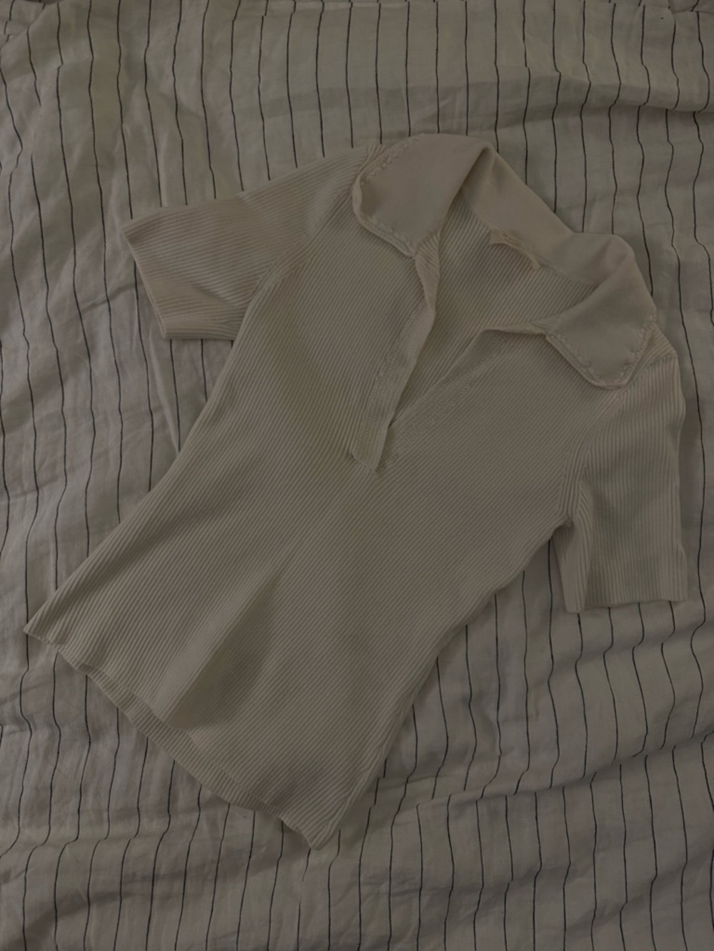 Ribbed Short Sleeve Polo Top in Light Beige
